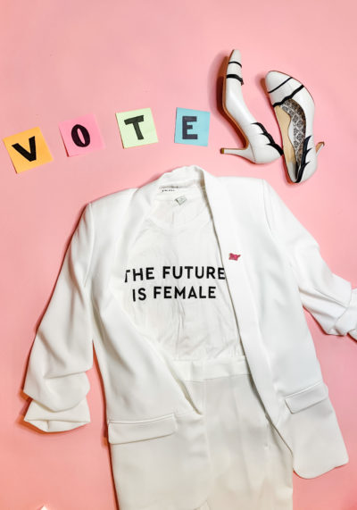Suffragette White Pantsuit Flat lay Suffragette White Pantsuit Flat lay